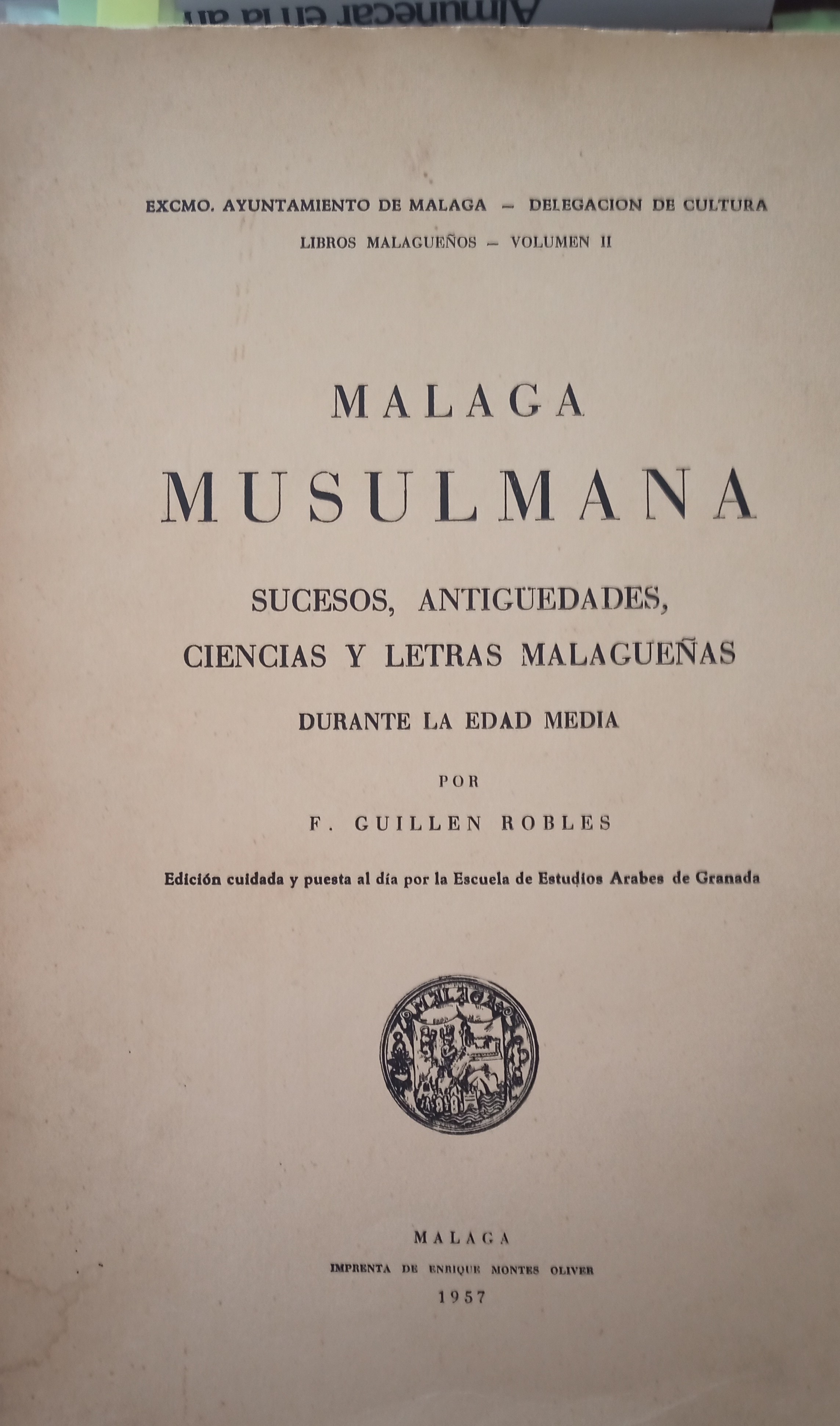 Portada de la reedición de 1947 de Málaga musulmana. 